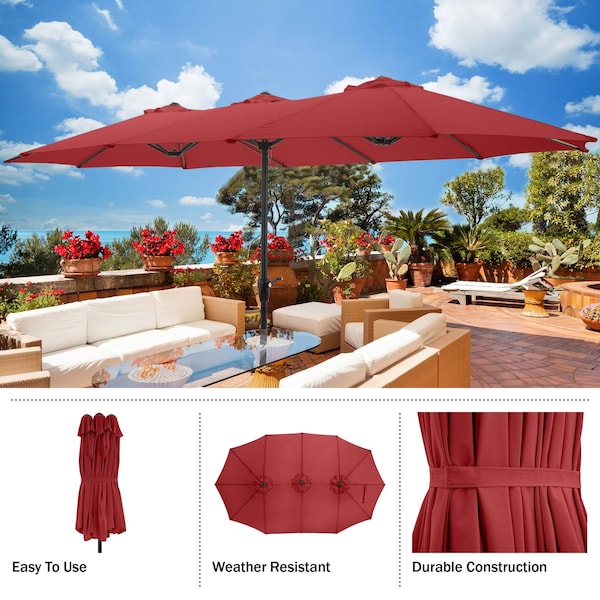Pure Garden 15 ft Double Sun Patio Umbrella, Red, 12 Steel Ribs